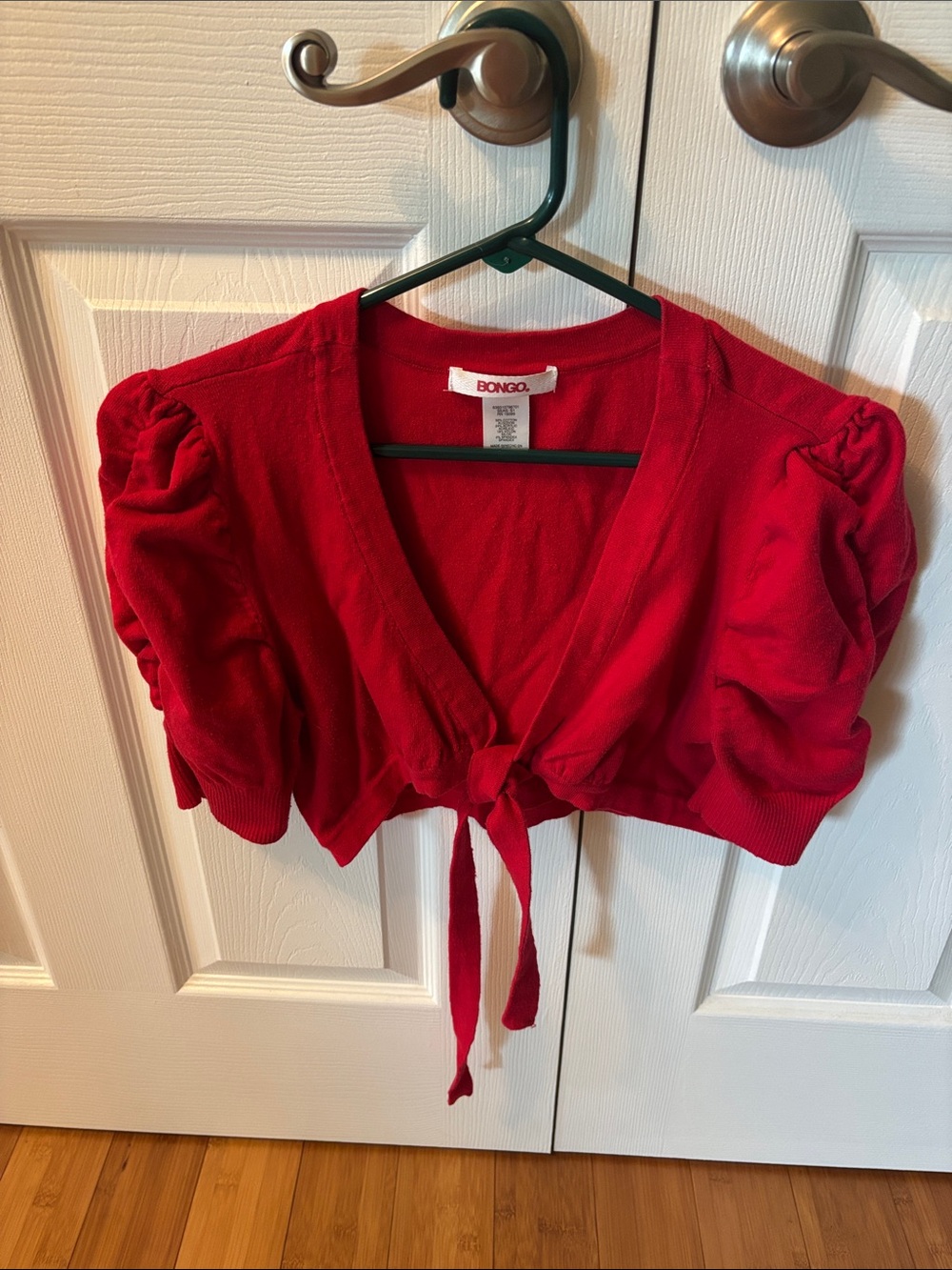 BONGO Red Tie-Front Puff Sleeve Cropped Bolero Shrug